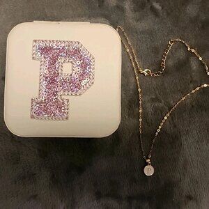 Mini Travel Jewelry Box White Personalized “P” Initial + Necklace Letter "P"